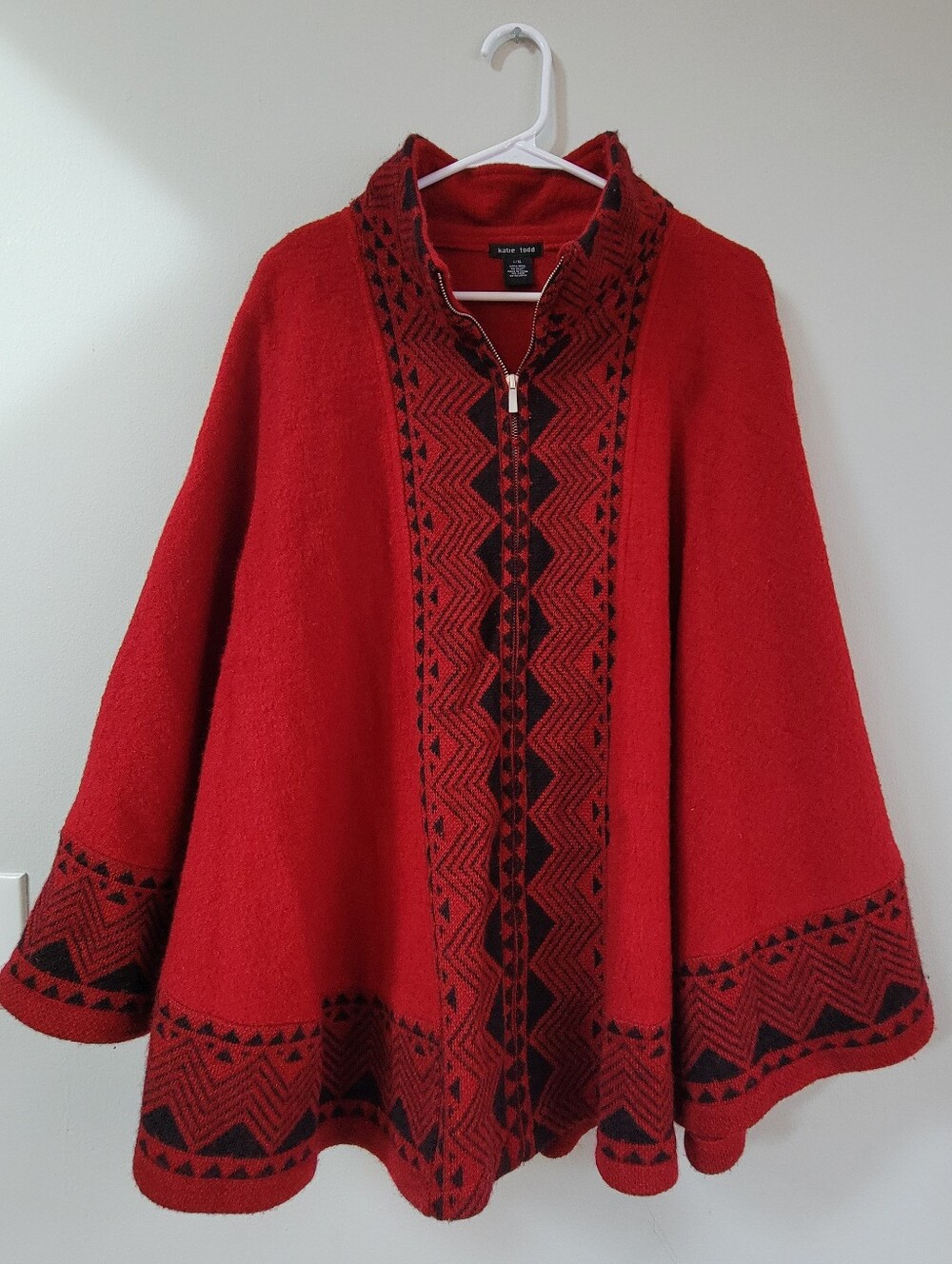 Katie Todd Red Black 100% Wool Full Zip Up Poncho Women Size L/XL Nordic Aztec